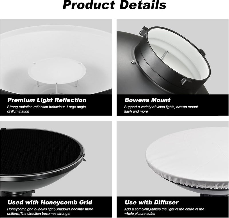 soonpho 21inch/55cm White Metal Beauty Dish Bowens Mount Standard Reflector with Storage Bag,Honeycomb Grid and Six-Color Diffuser for GODOX NEEWER Strobe Flash LED Video Light - Image 5